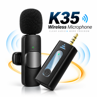 K35 Wireless Collar Lavalier Microphone – 2.4GHz Clip-On Mic with 20M Range, 3.5mm Aux Receiver, 5H Battery & Plug-and-Play for Vlogging, Interviews, YouTube & Live Streaming